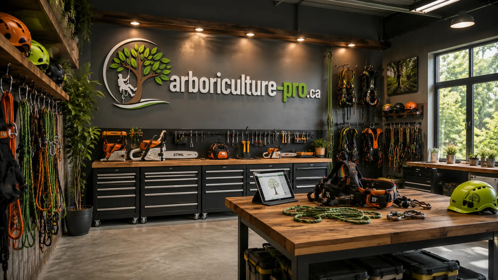 Atelier d'arboriculture équipé de cordes, harnais, casques et scies