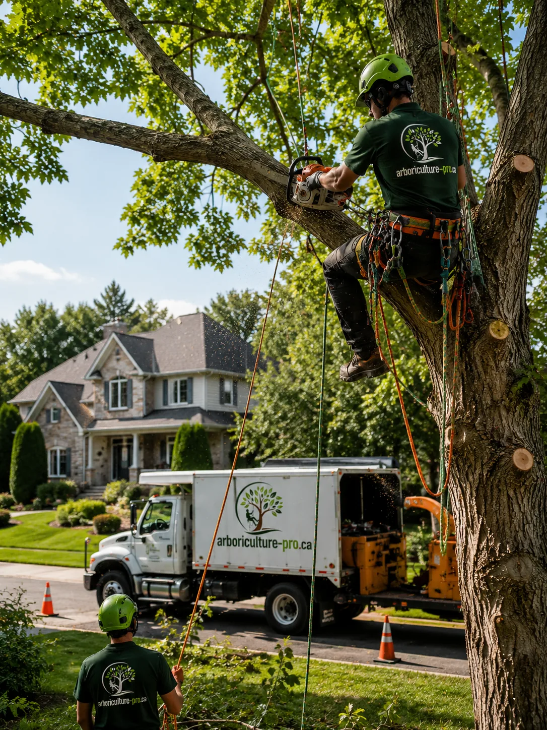 Arboriculteur cordé taillant une branche au-dessus d'une résidence
